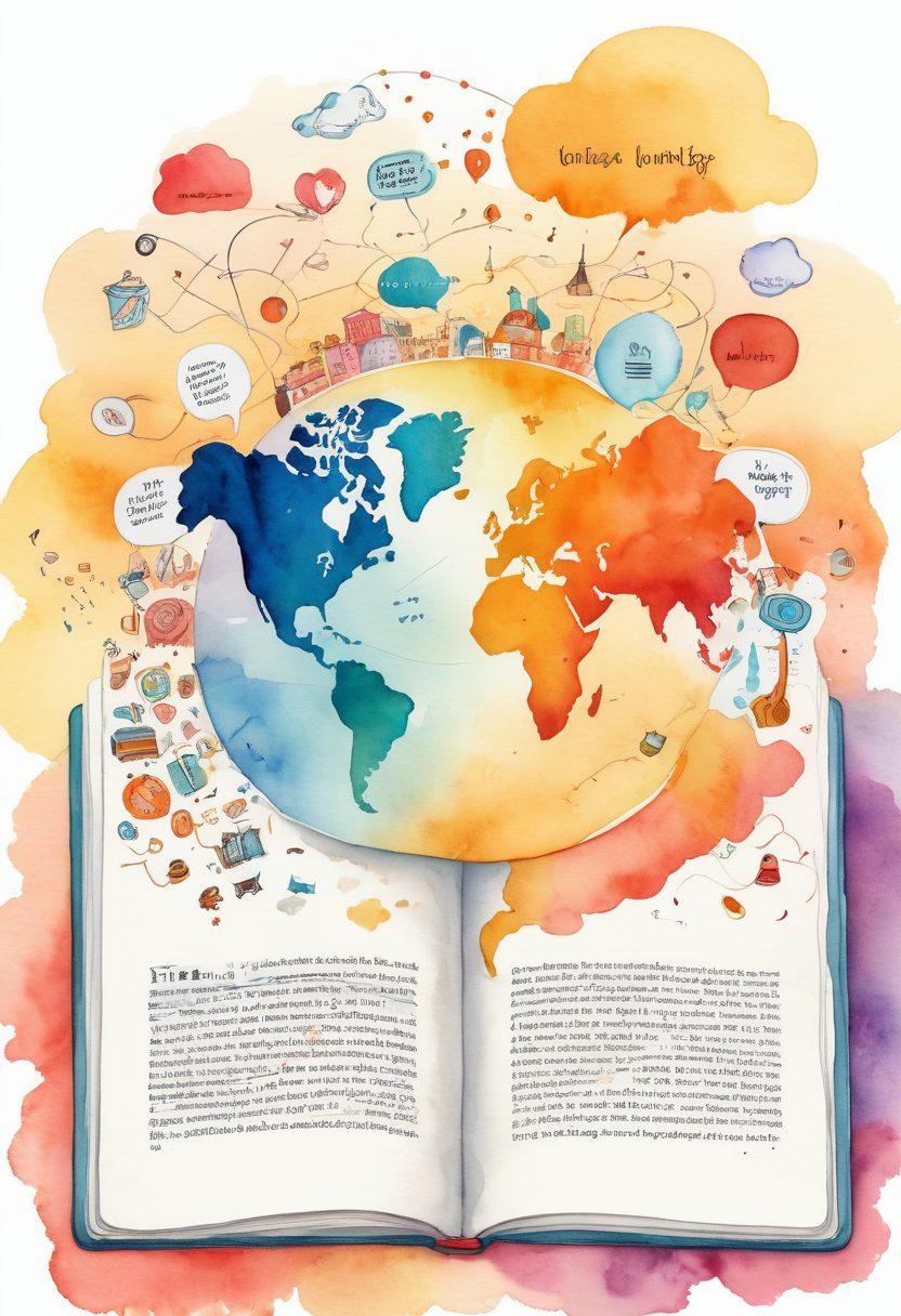 A whimsical digital diary open with pages filled with colorful stories, surrounded by floating thoughts in speech bubbles, and icons representing various blog topics like travel, cooking, and lifestyle. In the background, a world map with connections symbolizing the global blogosphere. The scene radiates warmth and creativity. watercolor art, vibrant colors.
