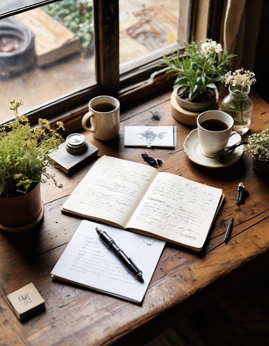 An open lifestyle journal on a rustic wooden table with a fountain pen resting on it, showcasing handwritten notes and sketches. Surrounding the journal are vintage photographs of secret locations and personal mementos like postcards and pressed flowers. Soft natural light comes through a nearby window, creating a cozy atmosphere. Inviting elements like a cup of tea and a small plant add warmth. Painting. warm tones. textured background.
