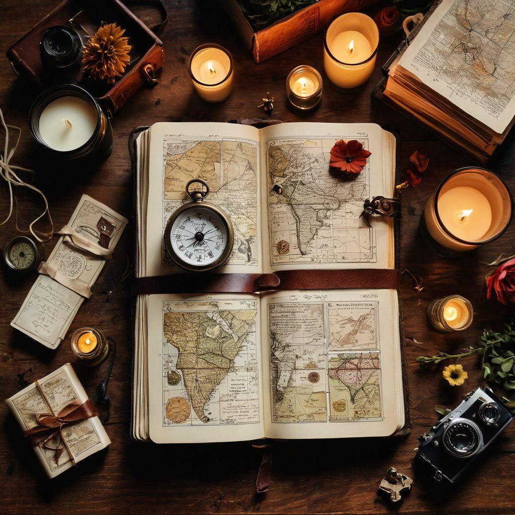 A vintage leather-bound diary open to reveal beautifully crafted pages filled with handwritten notes, vintage maps, and pressed flowers. Surrounding the diary are scattered travel trinkets like a compass, old postcards, and a camera, hinting at discoveries yet to be made. Candlelight softly illuminates the setting, creating a warm, inviting atmosphere. super-realistic. warm tones. cozy ambiance.